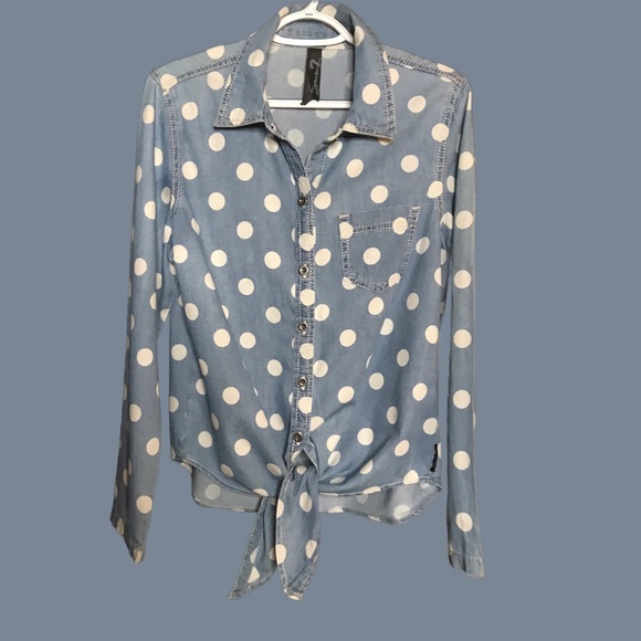 Seven7 oversized polka-dot chambray denim long sleeve blouse - Picture 1 of 5
